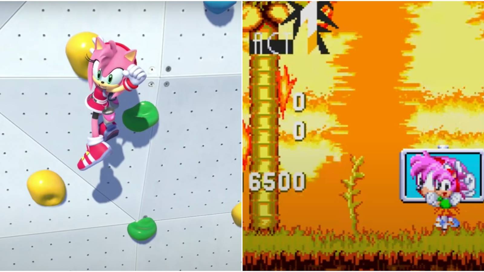 Amy Rose climbing a wall beside Amy at the end of Green Hill Zone 1