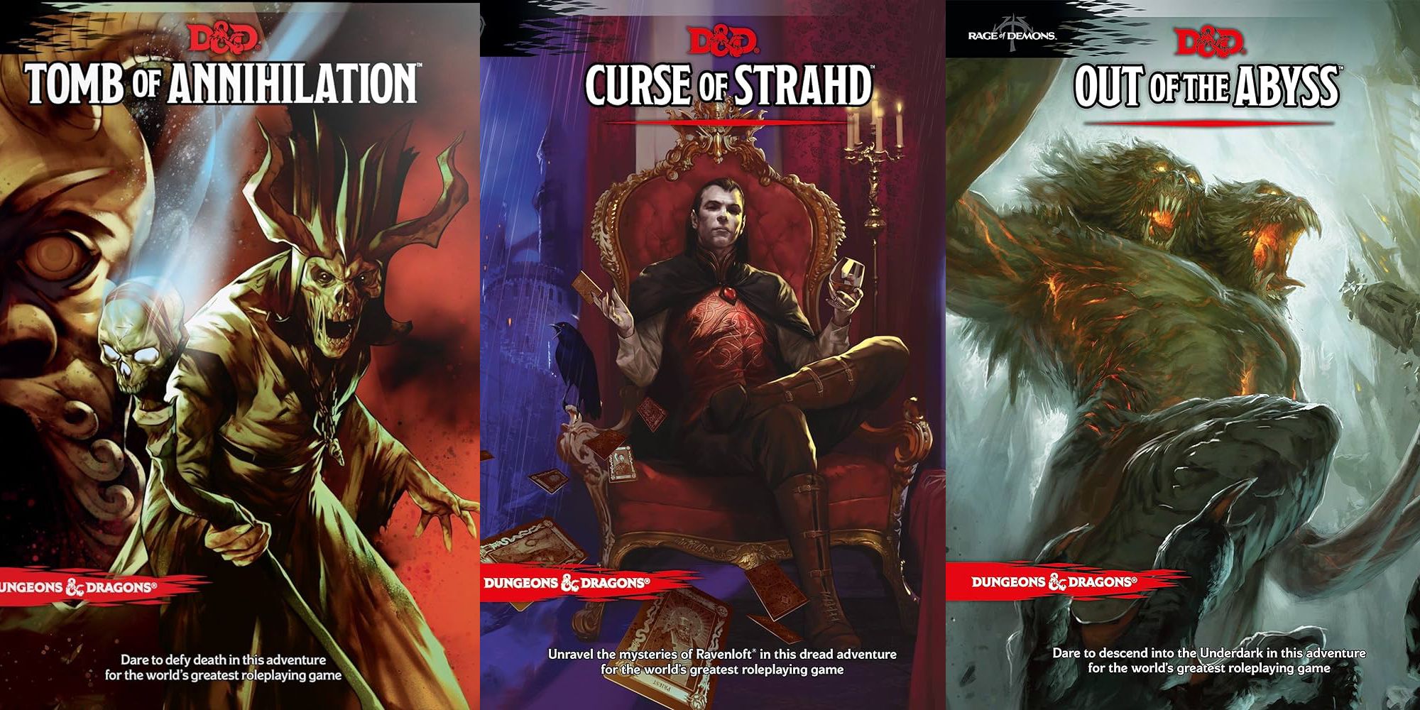 X Very Hard D&D Campaigns That Are Still Fun split image camaign book covers Tomb of Annihilation, Curse of Strahd, Out of the Abyss