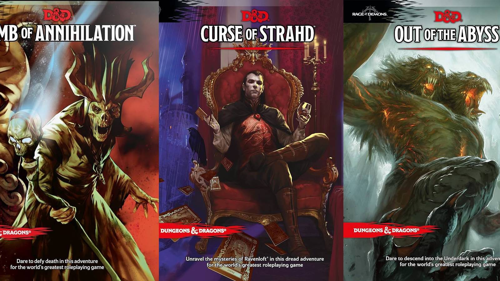 X Very Hard D&D Campaigns That Are Still Fun split image camaign book covers Tomb of Annihilation, Curse of Strahd, Out of the Abyss