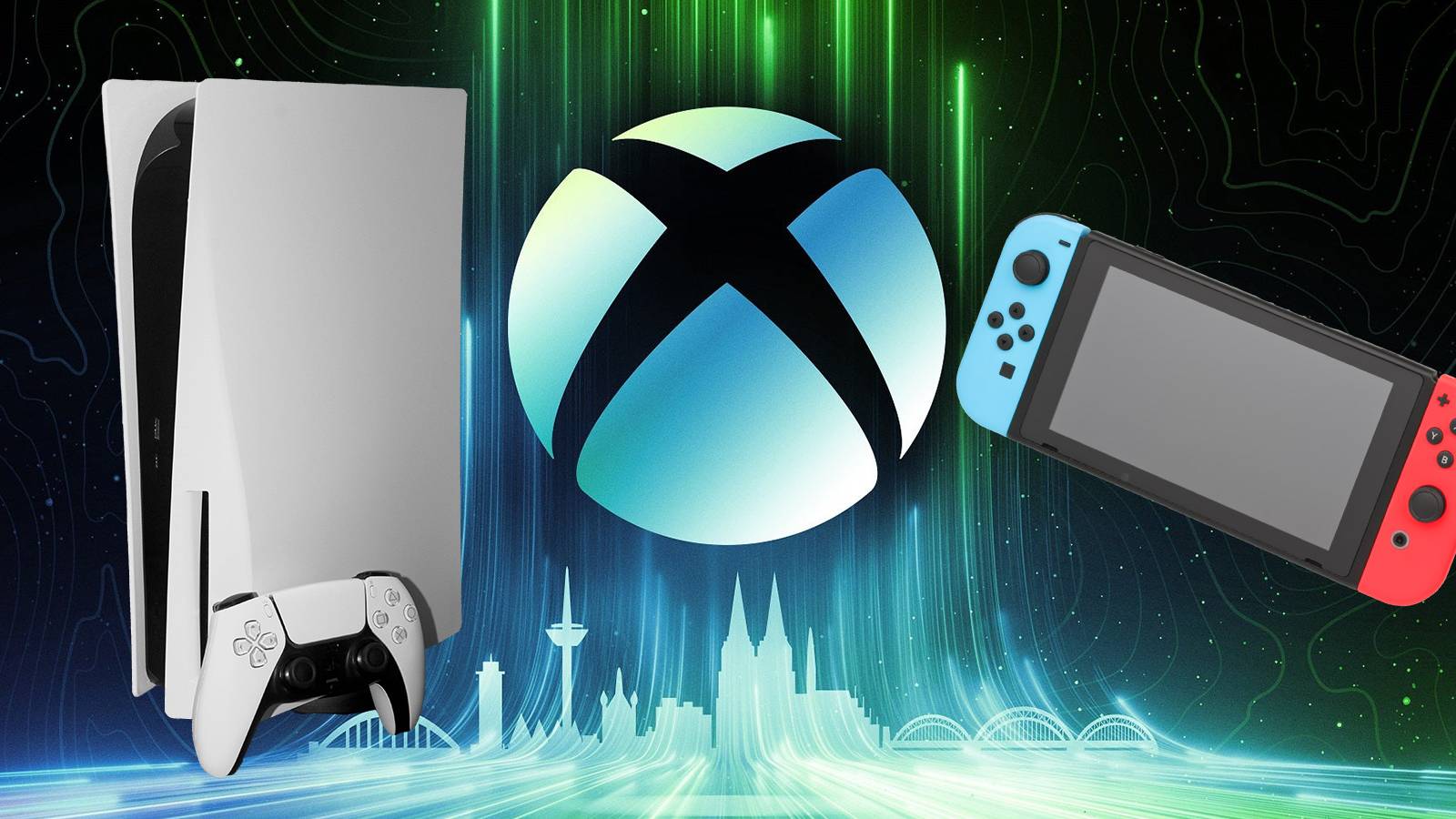 Xbox logo with PS5 and Nintendo Switch