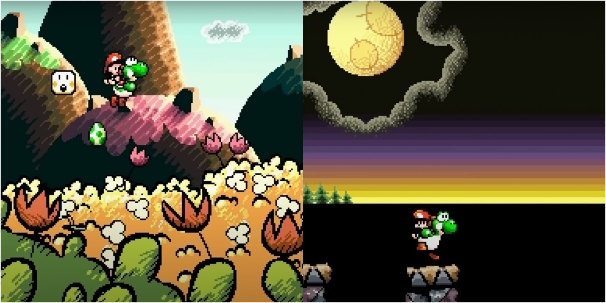 Yoshi's Island, Yoshi jumping with baby Mario on his back, beside a picture of Yoshi with Baby Mario in a dark sky with the moon in the top left