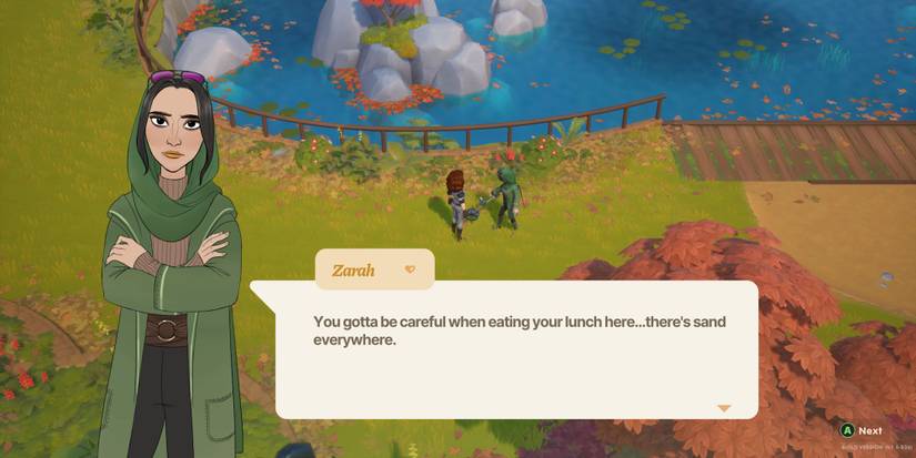 Zarah searching with a metal detector by the lake in Coral Island