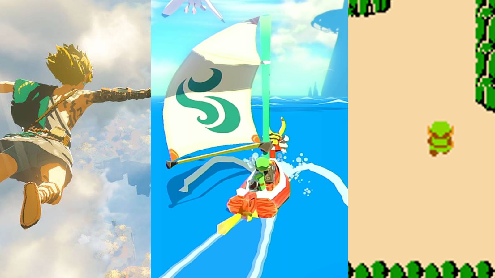 Link skydiving in Hyrule; Link sailing on a boat; Link at the start of the NES game