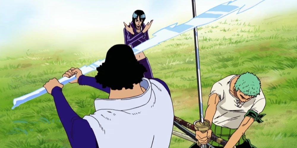 Zoro blocks Aokiji's strike meant for Robin in the One Piece anime