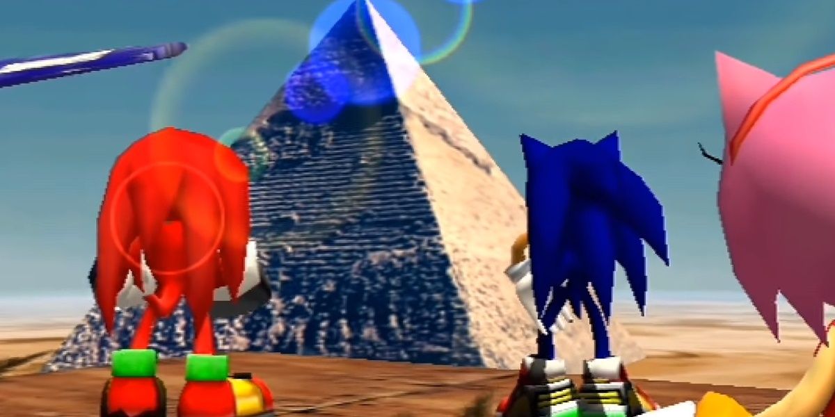 sonic, knuckles and amy standing in front of a pyramid in sonic adventure 2
