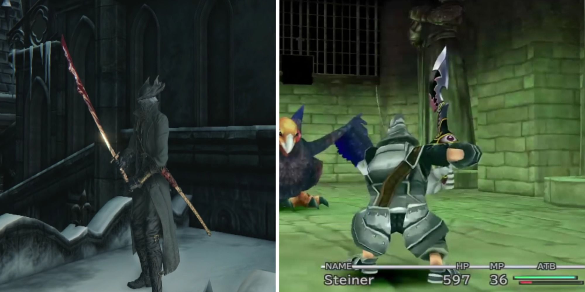 Bloodborne Hunter wielding Chikage and Final Fantasy 9 Steiner battle with Blood Sword