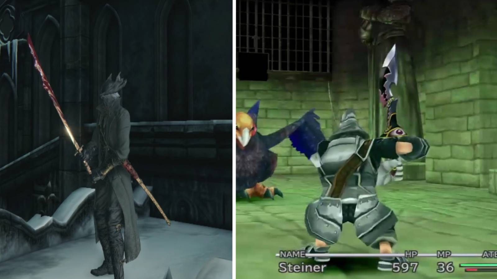 Bloodborne Hunter wielding Chikage and Final Fantasy 9 Steiner battle with Blood Sword