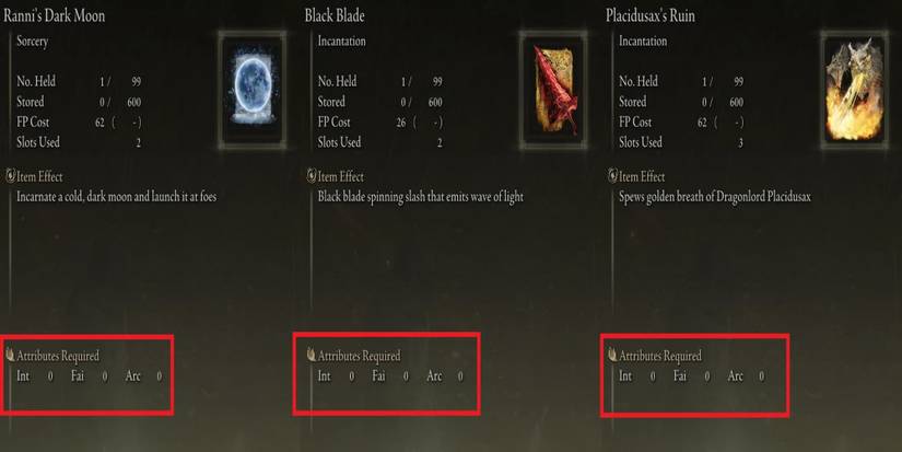 Ranni's Dark Moon, Black Blade and Placidusax's ruin's Int, Faith and Arcane requirement removed