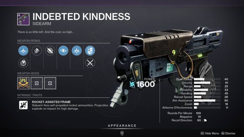 The curated Indebted Kindness roll in Destiny 2