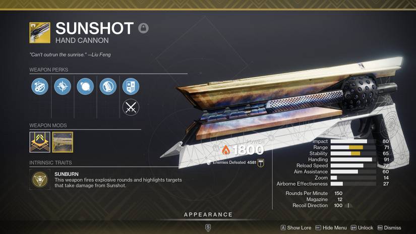 Sunshot with an active catalyst in Destiny 2