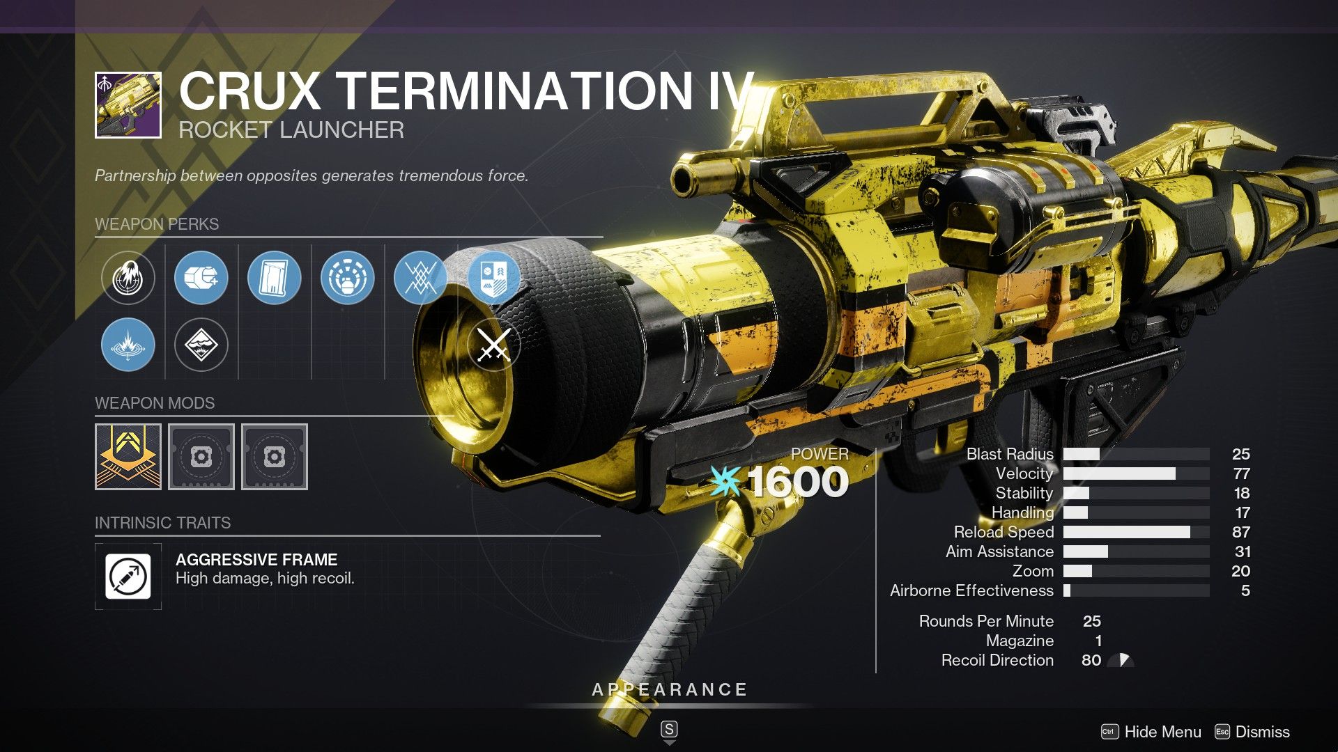 The curated roll for the Crux Termination IV in Destiny 2