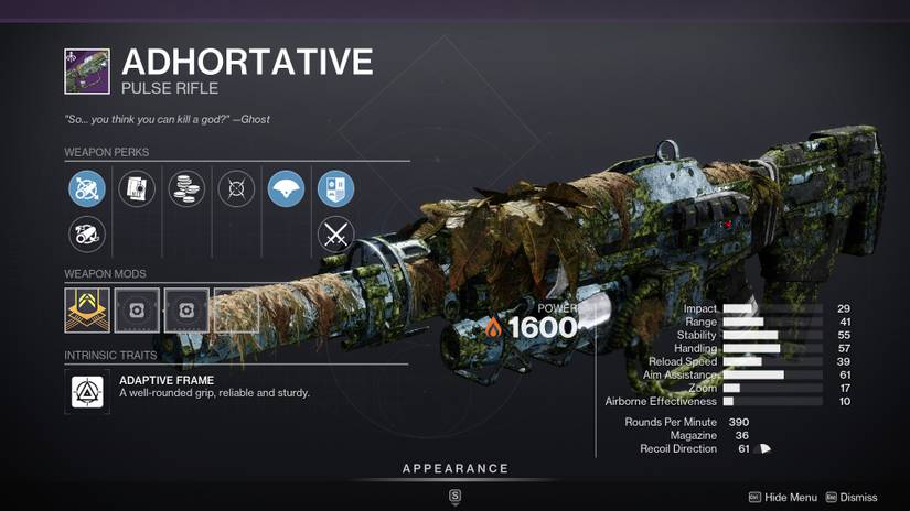 Curated roll for the Adhortative in Destiny 2