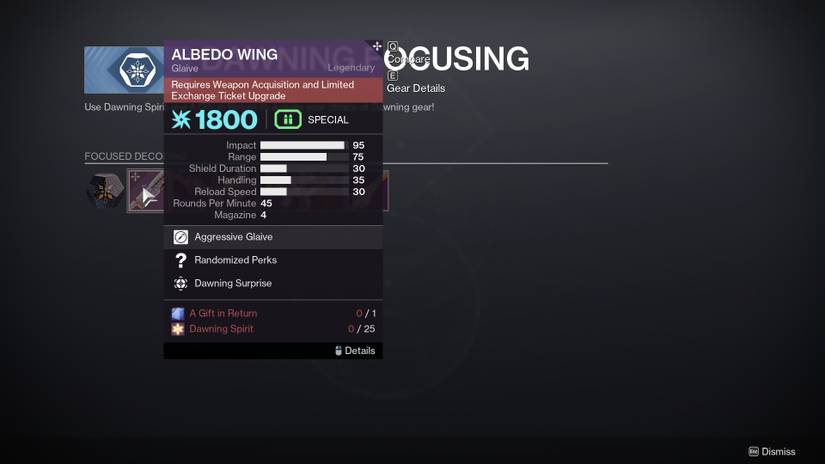 Focusing requirements for the Albedo Wing glaive in Destiny 2