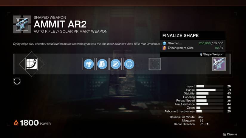 The weapon shaping screen in Destiny 2