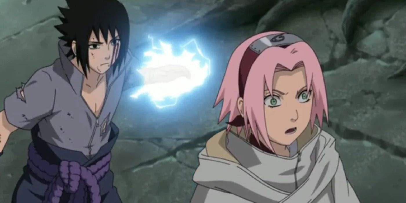 Sasuke preparing to kill Sakura with his Chidori during the Five Kage Summit in Naruto: Shippuden