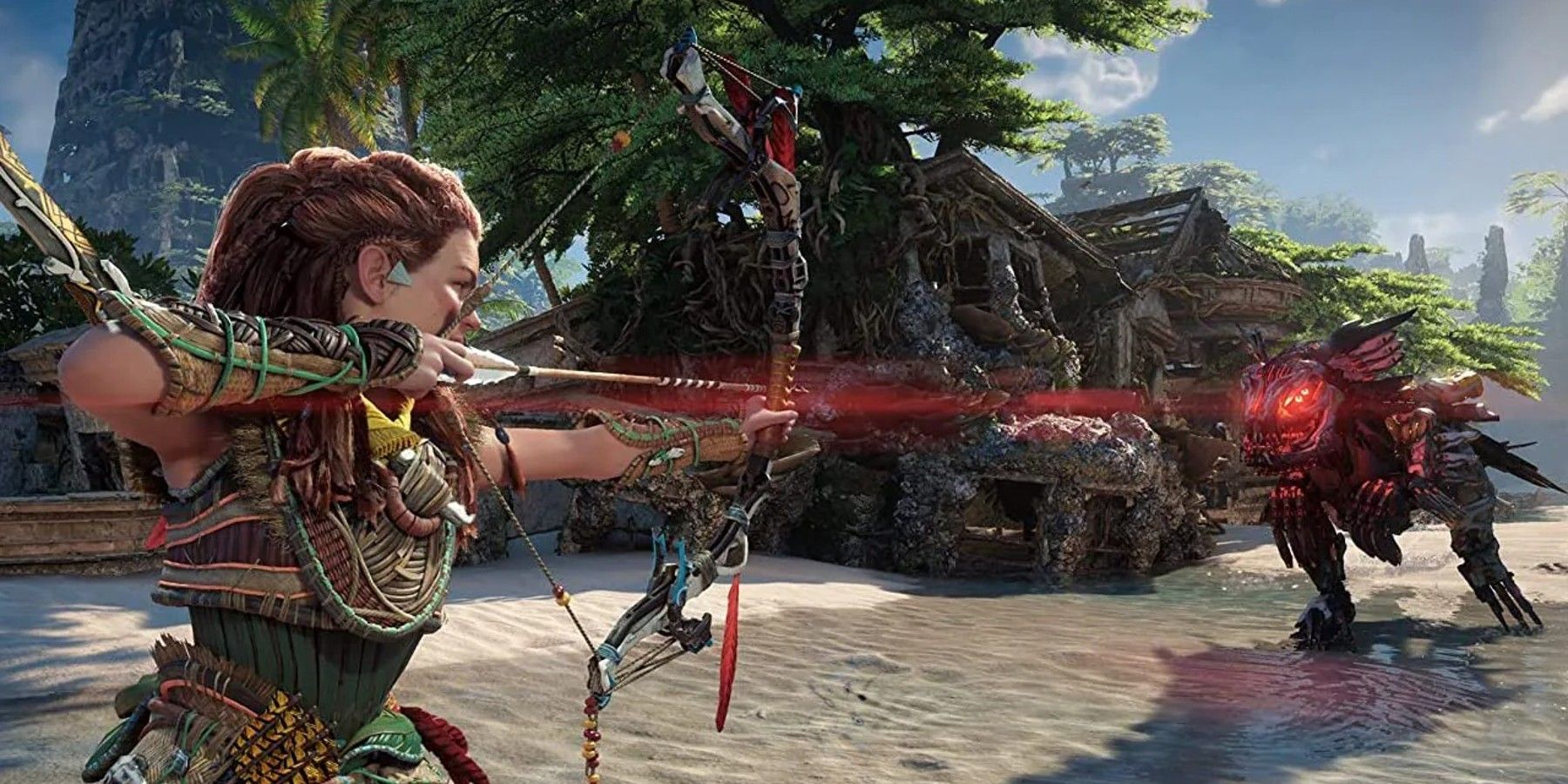 Aloy fighting a Clawstrider in San Francisco in Forbidden West