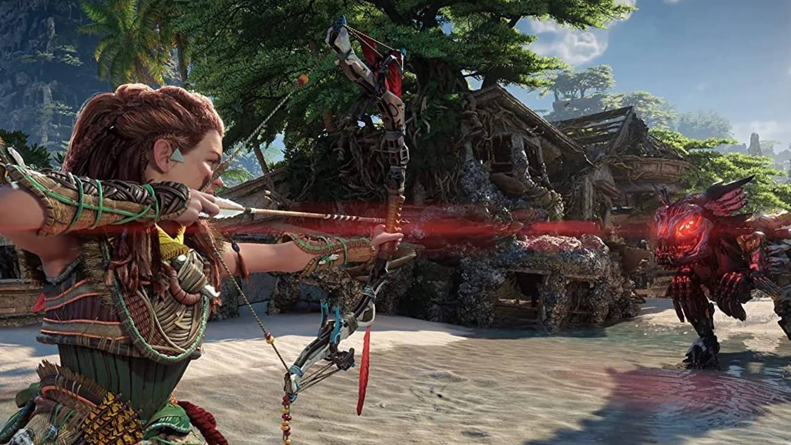 Aloy fighting a Clawstrider in San Francisco in Forbidden West