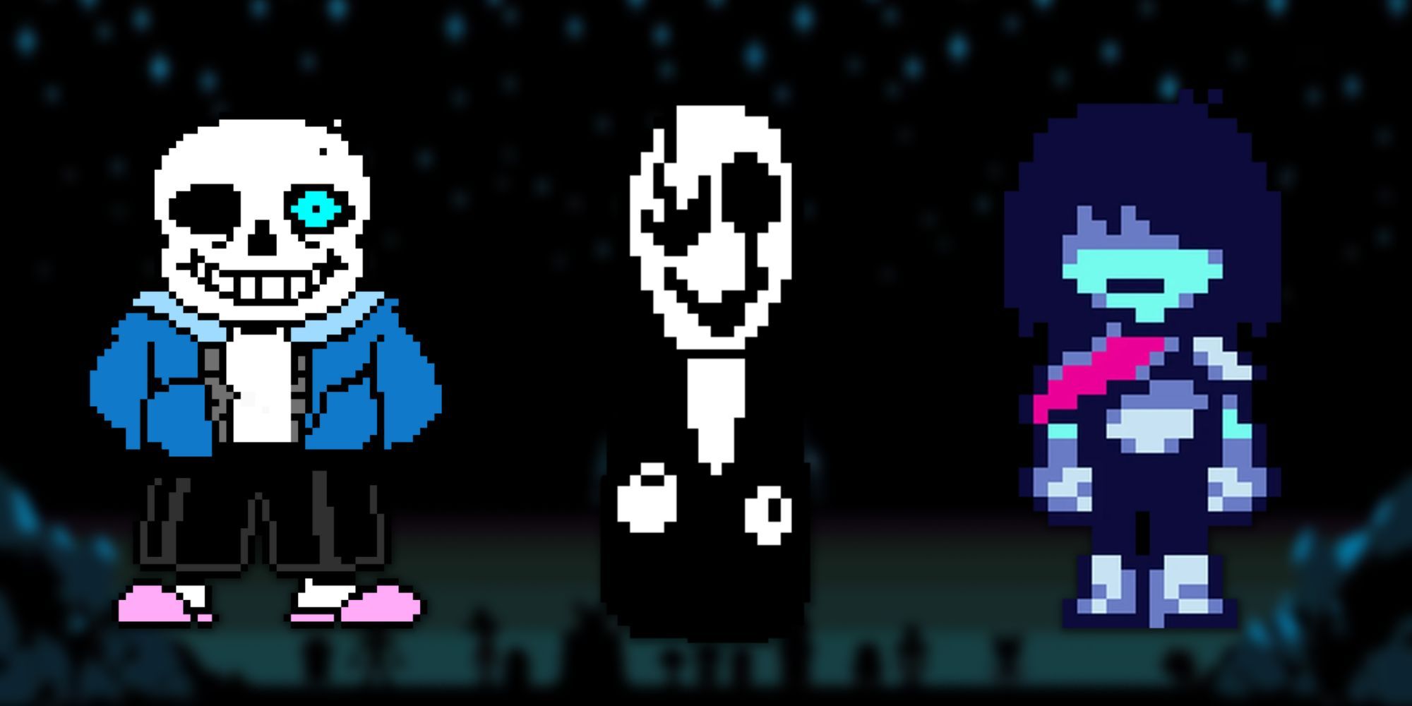 A collage with Undertale characters that are subject to some popular theories: Sans, W.D. Gaster and Frisk from Delatarune.