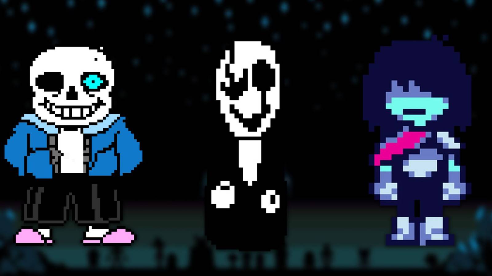 A collage with Undertale characters that are subject to some popular theories: Sans, W.D. Gaster and Frisk from Delatarune.