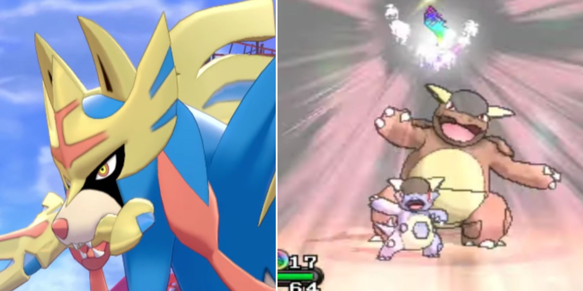 Pokemon split image Zacian with blade in mouth and Kangaskhan Mega Evolving