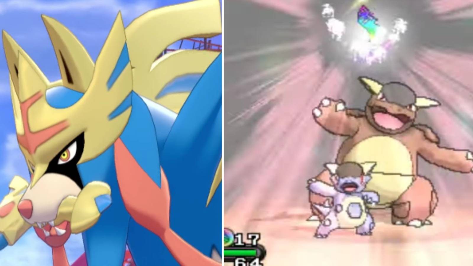 Pokemon split image Zacian with blade in mouth and Kangaskhan Mega Evolving