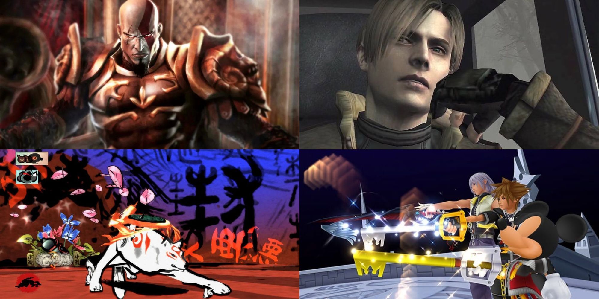A collage of 4 innovative PS2 Games: God of War 2, Resident Evil 4, Okami and Kingdom Hearts 2.