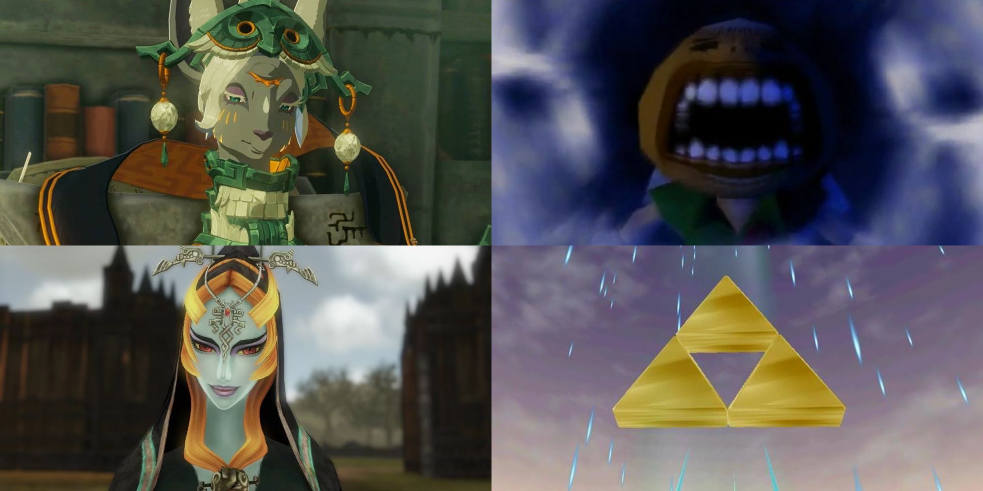 A collage of some of the most popular Legend of Zelda fan theories: The Zonai's origins, the truth about Majora's Mask, the Gerudo turning into the Twili and the Fourth Triforce piece.