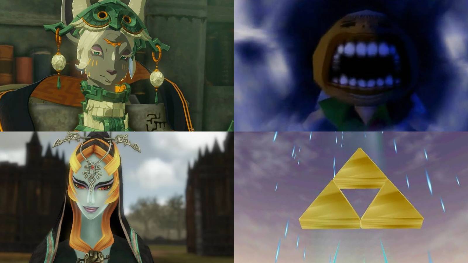 A collage of some of the most popular Legend of Zelda fan theories: The Zonai's origins, the truth about Majora's Mask, the Gerudo turning into the Twili and the Fourth Triforce piece.
