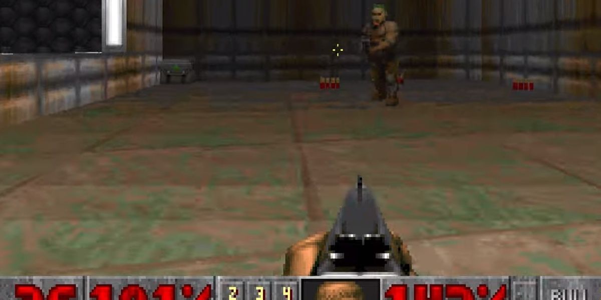 doomguy about to shoot a zombieman