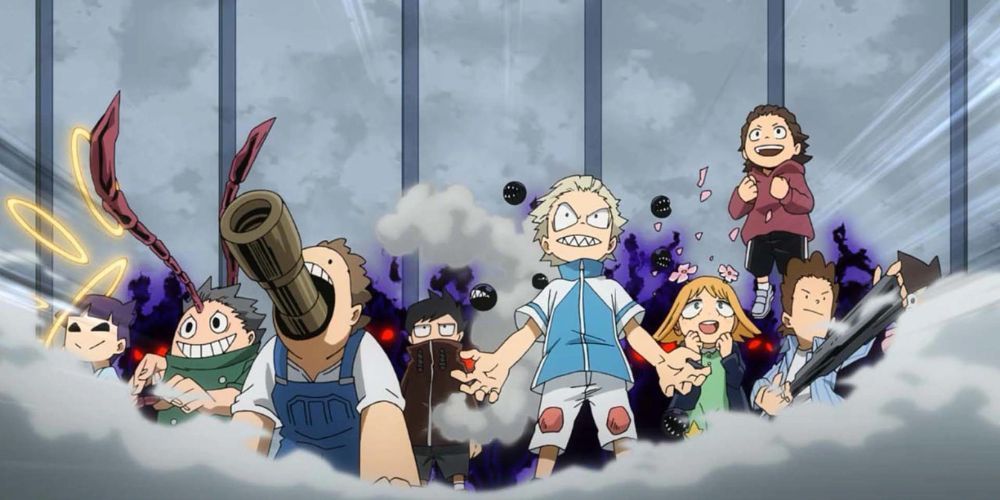 A bunch of young kids with powerful quirks in My Hero Academia.