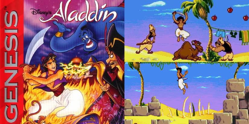 screenshots of Aladdin's desert level and cover art
