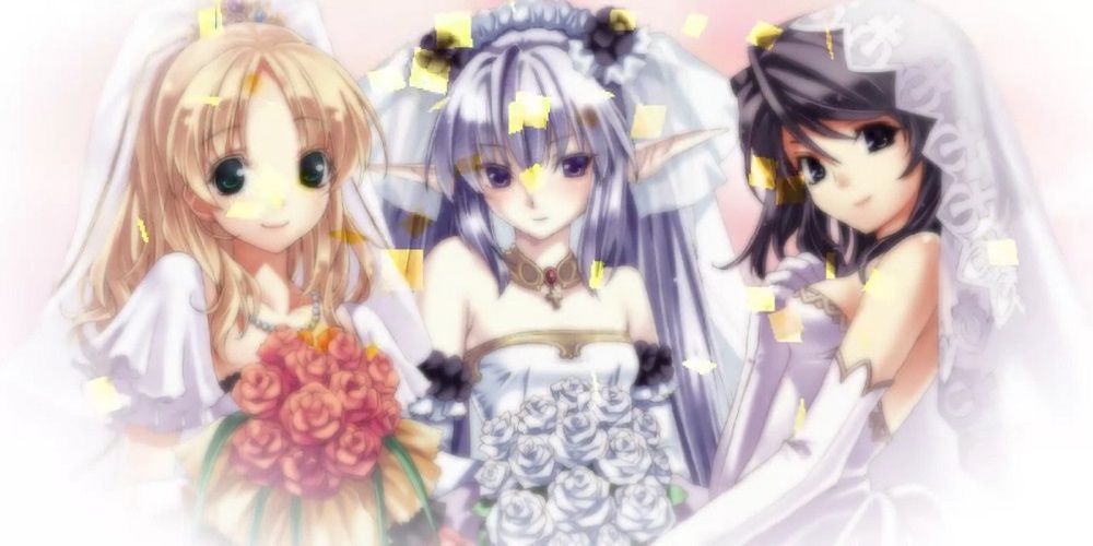 Fyuria, Luana, and Elaine wearing wedding dresses in Agarest: Generations of War