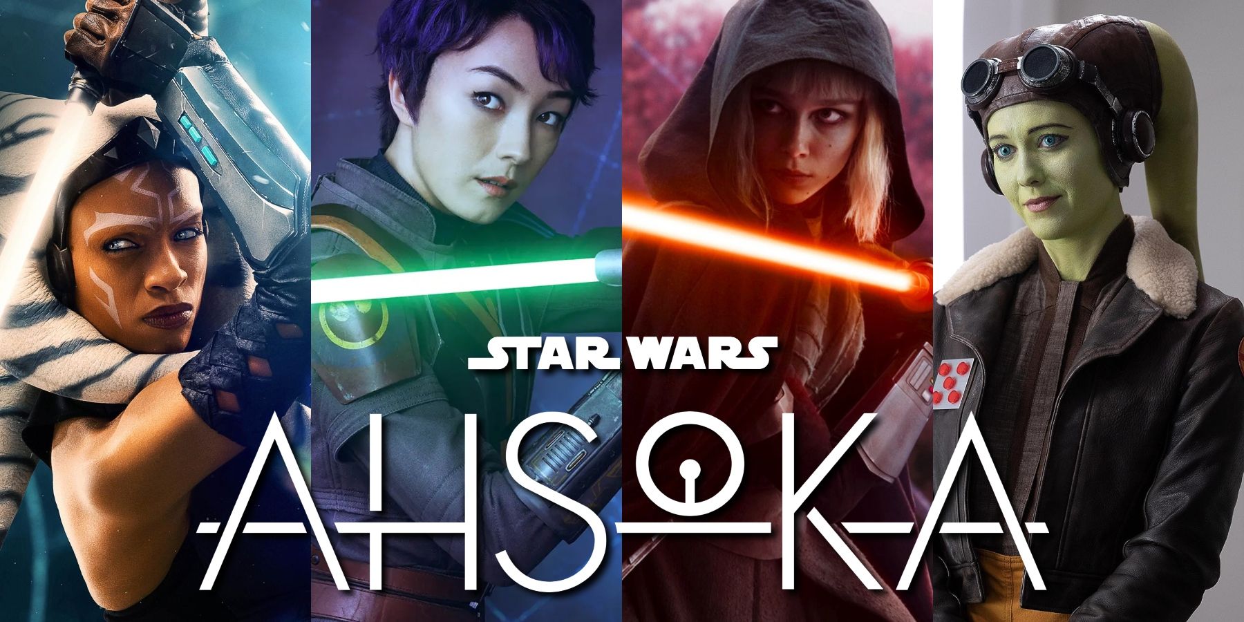 Star Wars: Ahsoka characters Ahsoka Tano (Rosario Dawson), Sabine Wren (Natasha Liu Bordizzo), Shin Hati (Ivanna Sakhno), and Hera Syndulla (Mary Elizabeth Winstead)