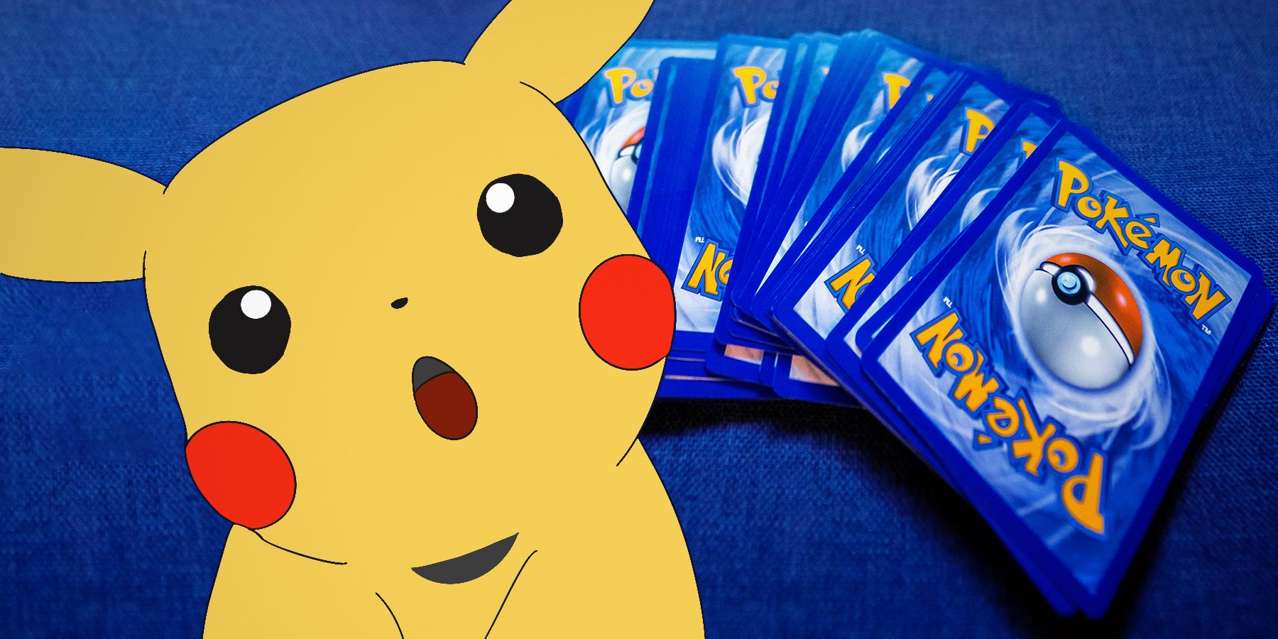 Amazed-looking Pikachu in front of Pokemon TCG cards face-down