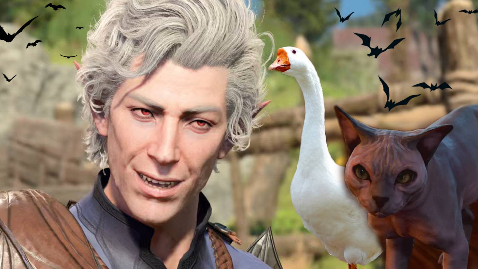 Astarion with Bats, a Cat (His Majesty), and a Goose