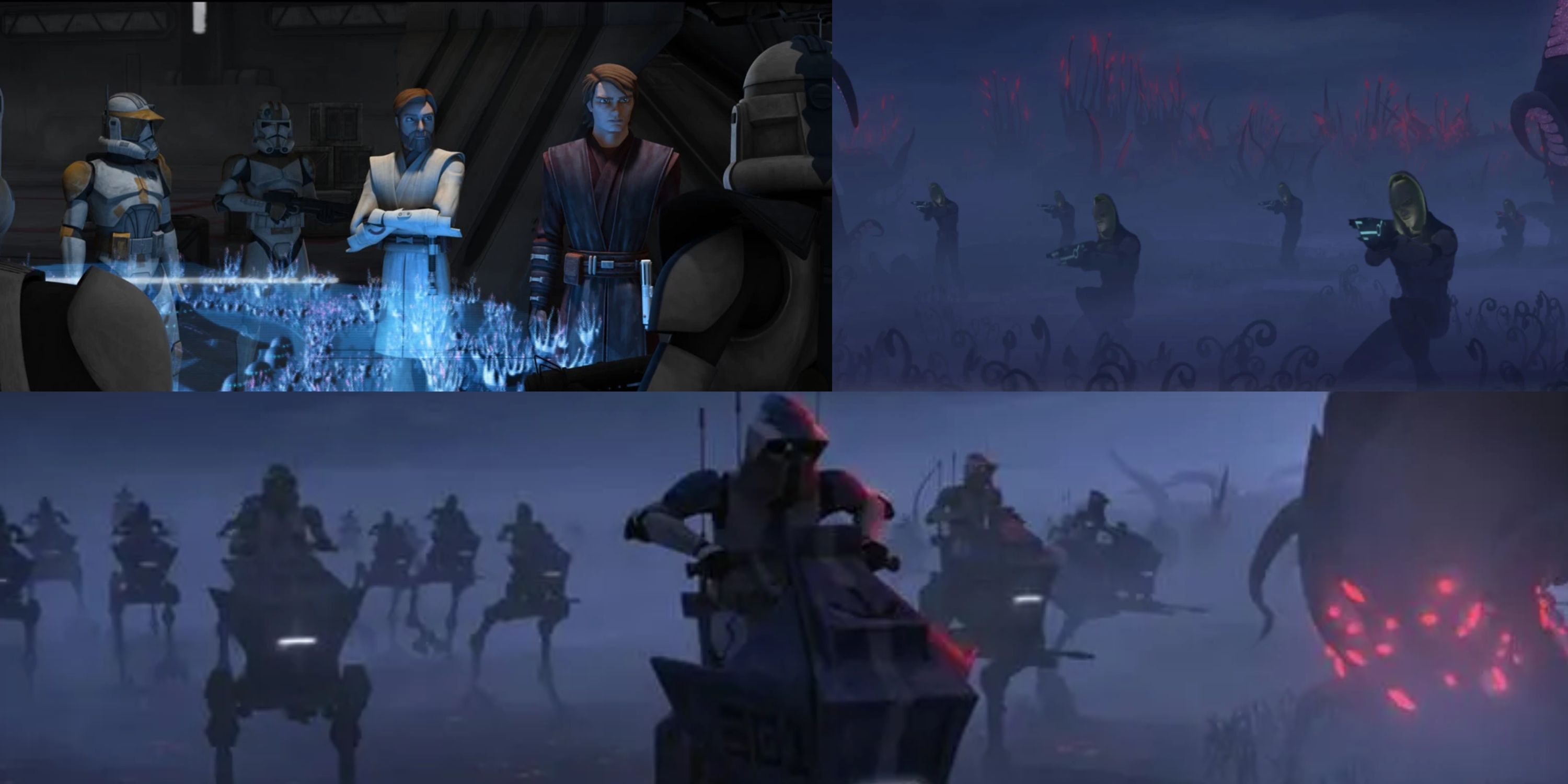 Anakin, Obi-Wan e seus batalhões de clones, e os clones perambulando pela escuridão de Umbara 
