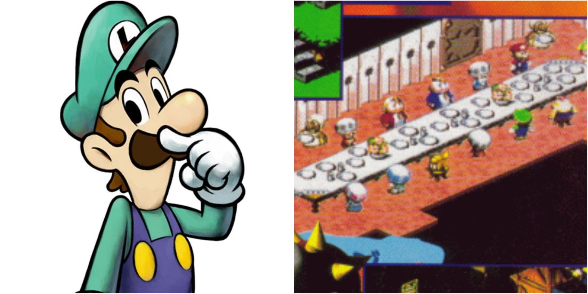 Art of Luigi from Mario and Luigi Superstar Saga and a beta screenshot of characters having dinner in Super Mario RPG