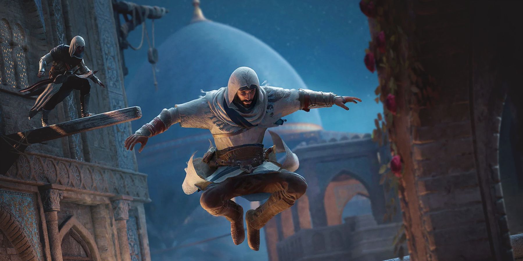 Assassin's Creed Mirage Basim mid-jump at night Baghdad promo screenshot