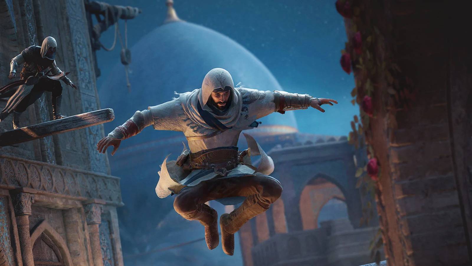 Assassin's Creed Mirage Basim mid-jump at night Baghdad promo screenshot