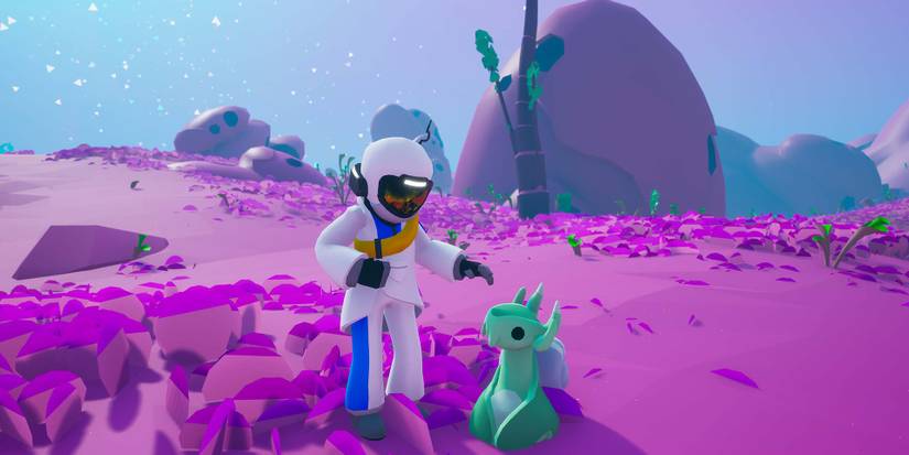 An image of a character interacting with an alien in space