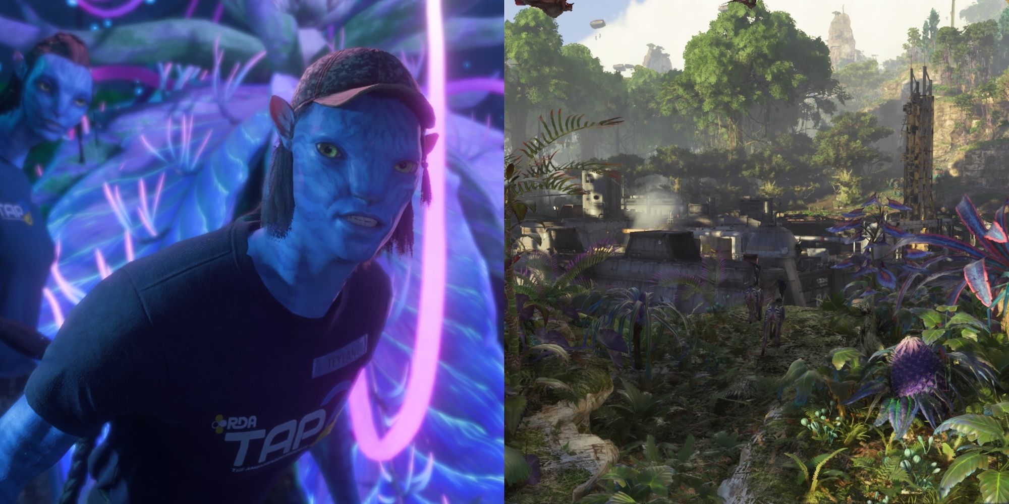 Nor on the left and an RDA facility on the right in Avatar Frontiers of Pandora