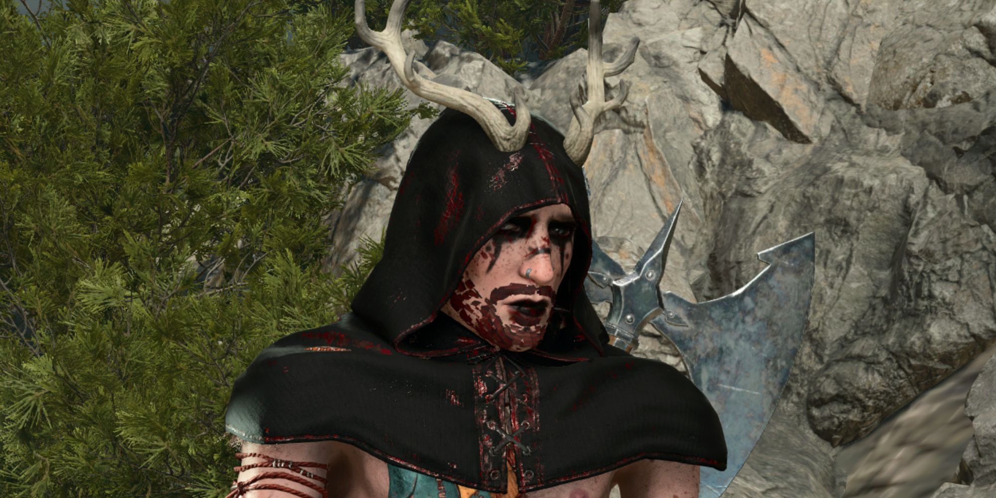A Gnome Barbarian Modded To Have Antlers And A Black Cowl In Baldur's Gate 3