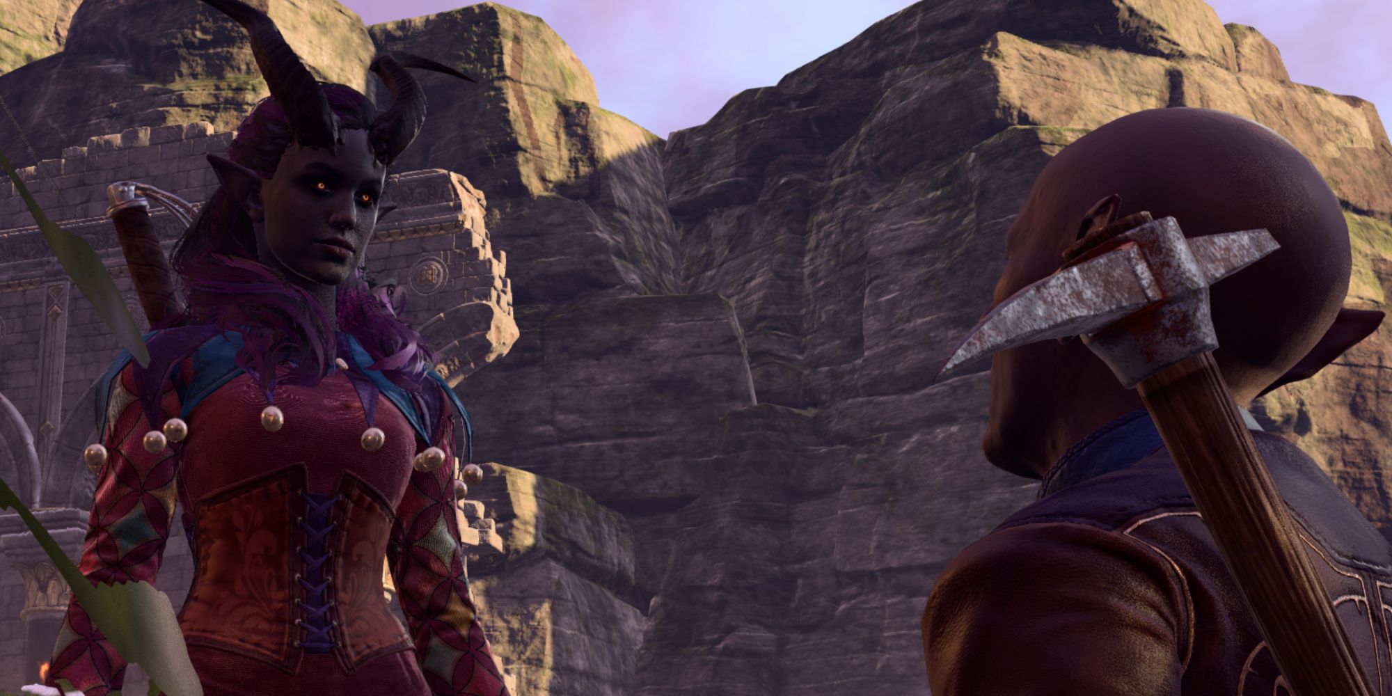 Um personagem do jogador projetado para se parecer com o Tiefling Bard Alfira fala com Barcus em Baldur's Gate 3