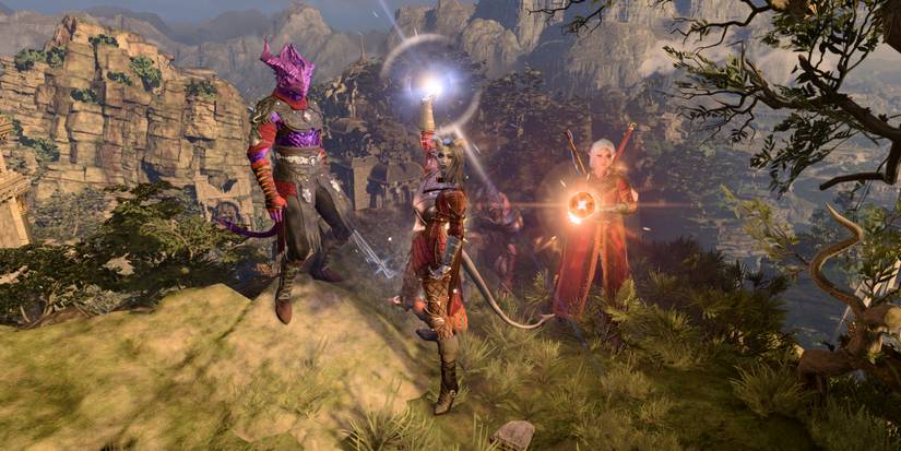 Custom Purple Dragonborn Monk, Grey Tiefling Cleric, Elf Wizard Posing On Cliff in Baldur's Gate 3
