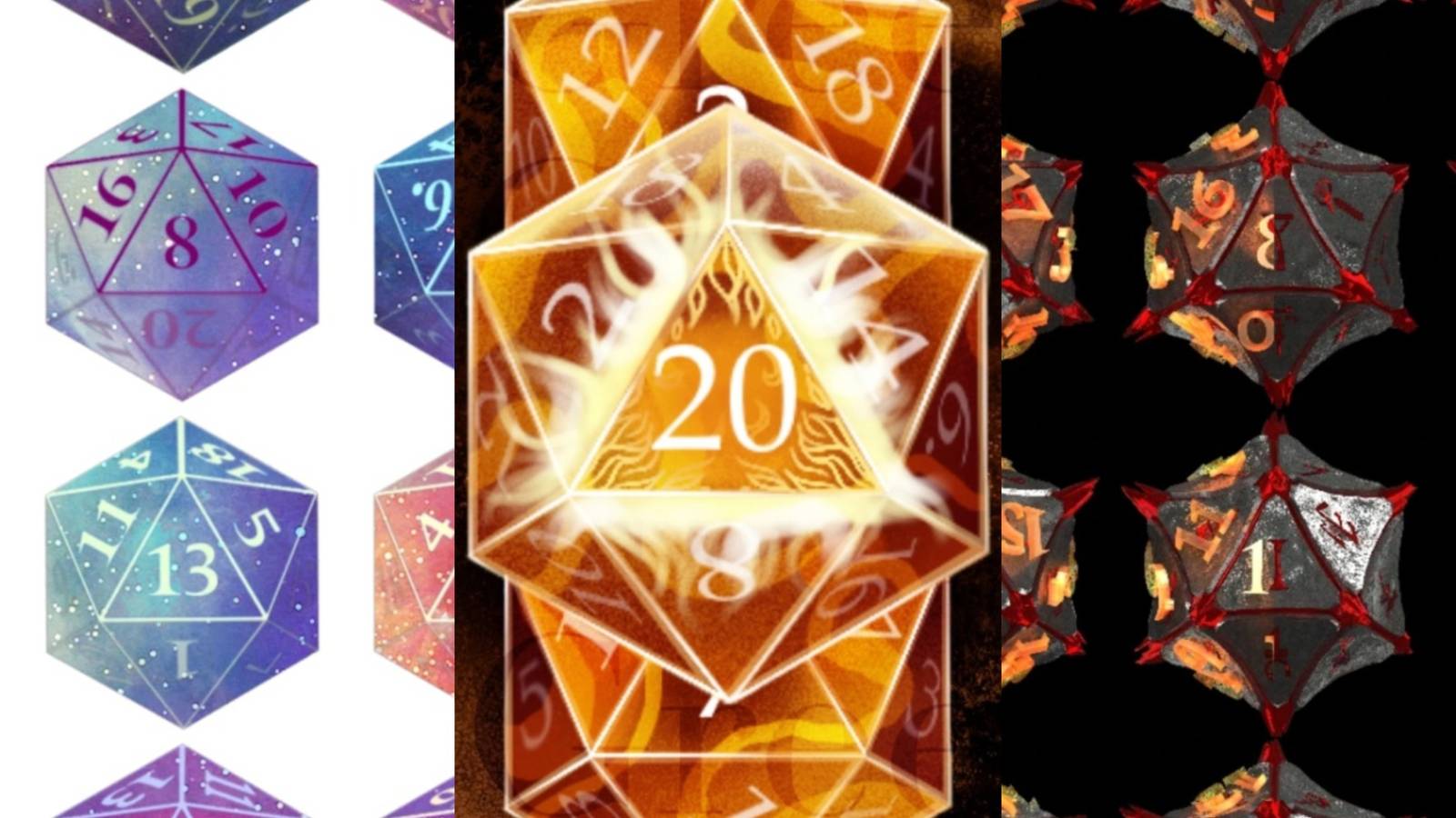 Baldur's Gate 3 dice with various different aesthetics