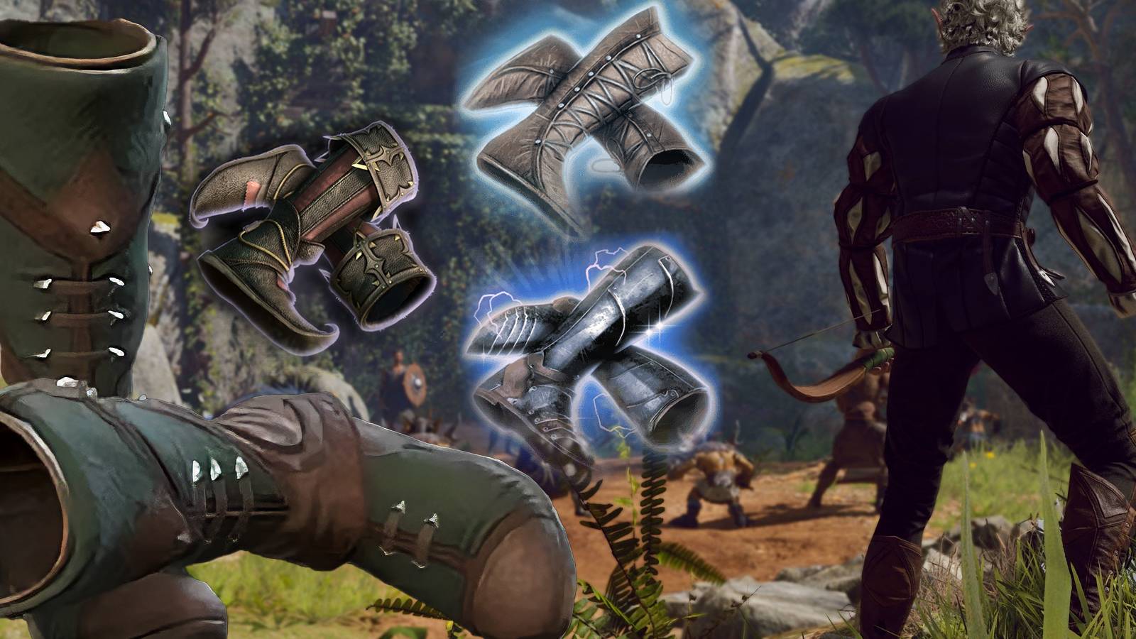 A collage of the best boots in Baldur's Gate 3 and Astarion facing away
