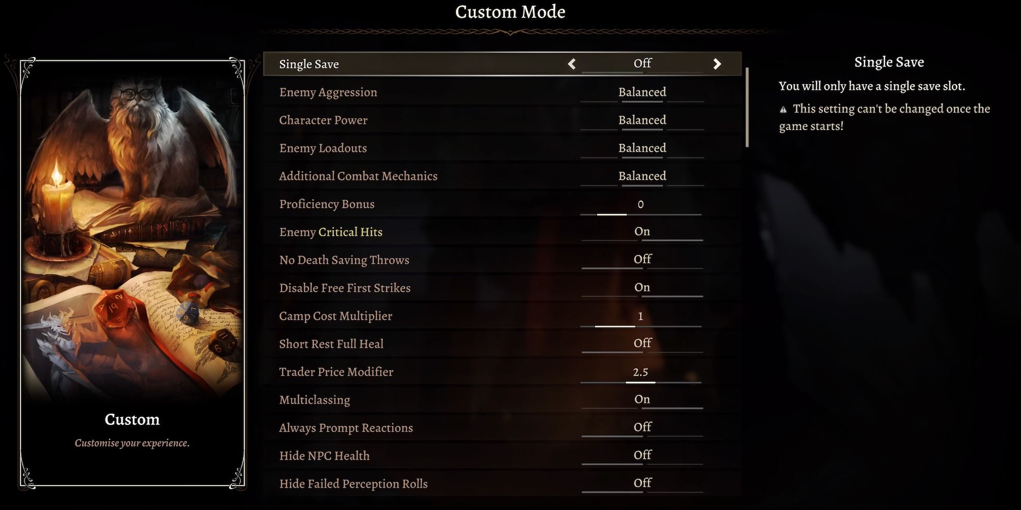 Opções de modo personalizado do Baldur's Gate 3