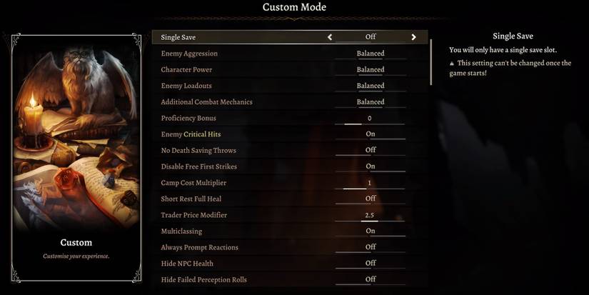 Baldur's Gate 3 custom mode options