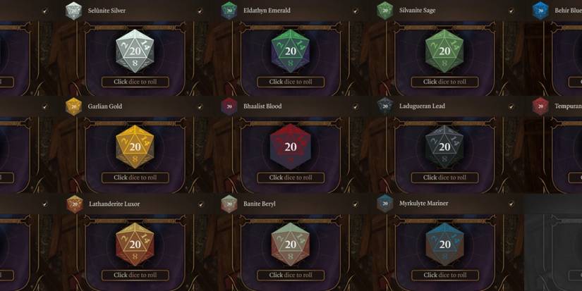 Baldur's Gate 3 dice UI menu with multiple colored dice