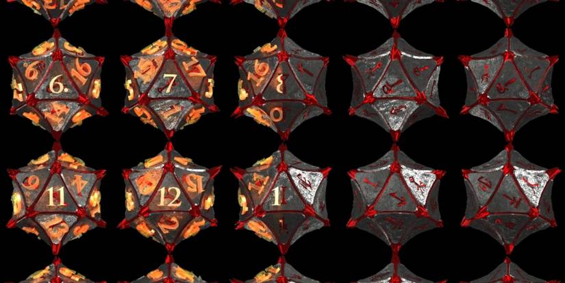 Baldur's Gate 3 dice with orange, red, and gray colors while the right dice have no numbers